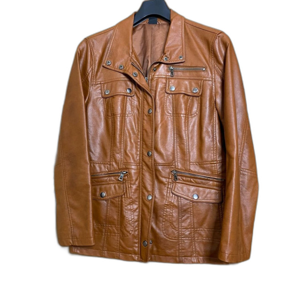REHBRAUN Jacket Germany Faux Leather Vegan Snap Zip Petite Womens M PM Brown - Picture 1 of 14